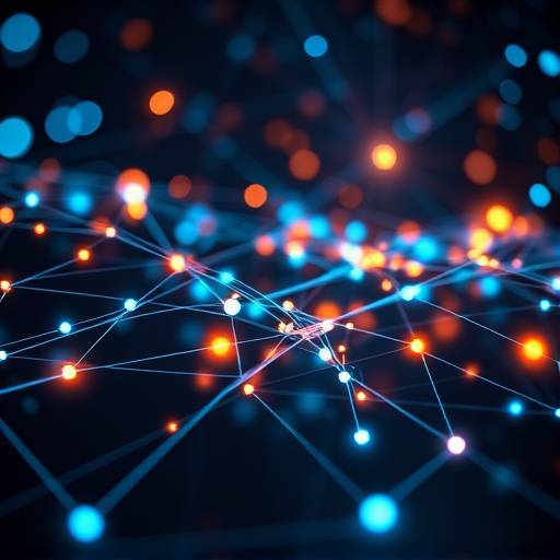 Een conceptuele afbeelding van digitale innovatie met gestileerde netwerklijnen en gloeiende knooppunten, die connectiviteit en vooruitgang symboliseren.