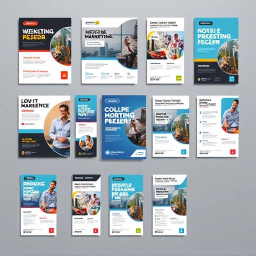 Een verzameling van marketingbrochures, flyers en social media graphics