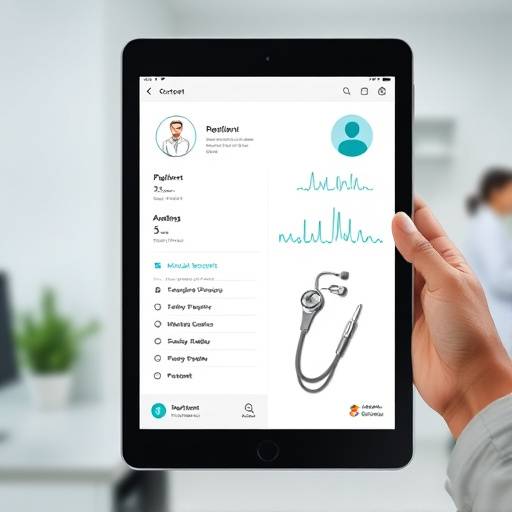 Schematische weergave van een pati&radic;&acute;ntdossier op een tablet in een medische setting